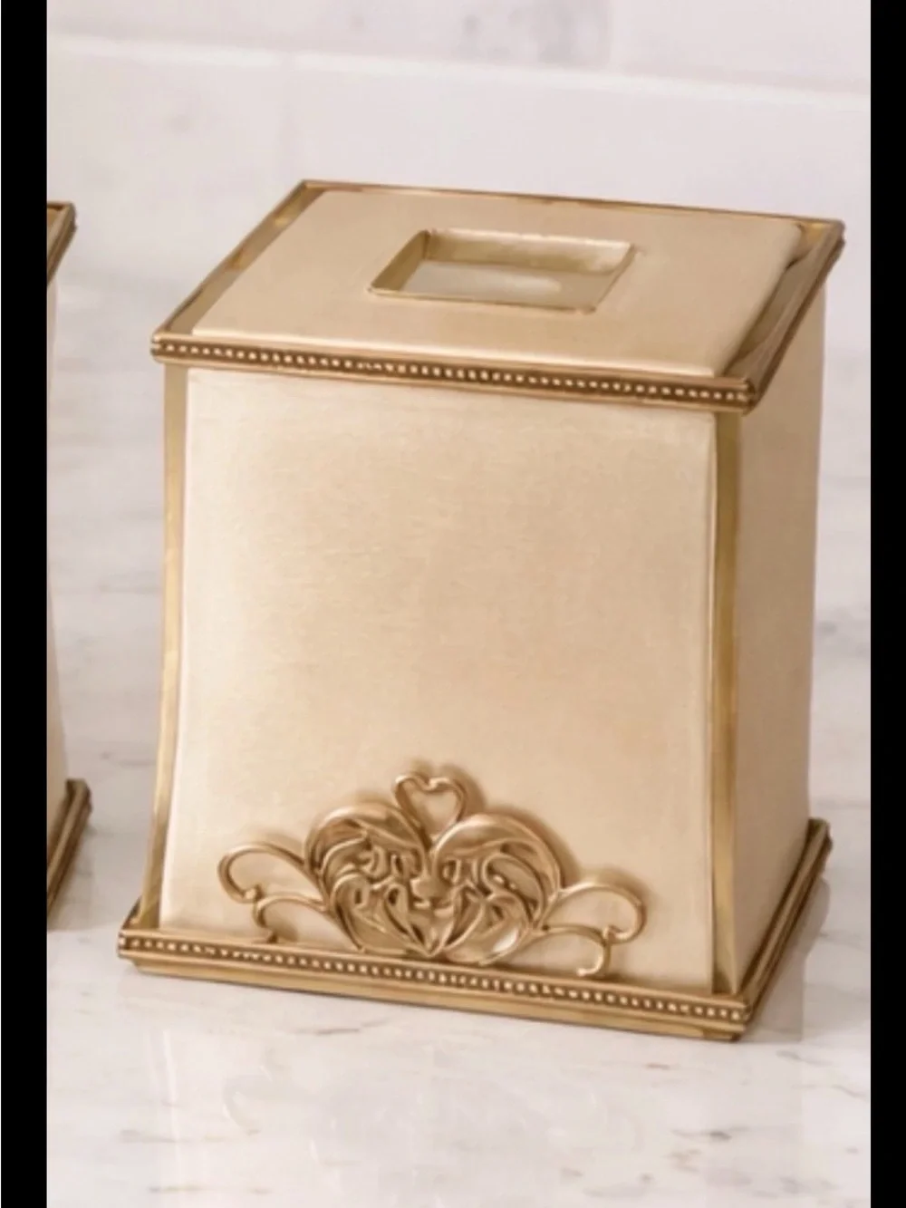 Bombay Company Square Tissue Box Cover Tall Beige Gold Amber Tan Acrylic Scroll